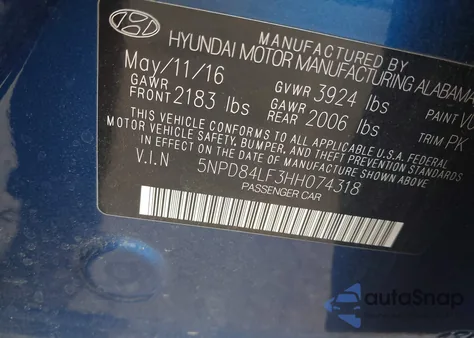 2017 Hyundai Elantra Se z USA, uszkodzony, nr VIN 5NPD84LF3HH074318